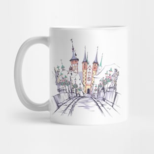 Alte Mainbrucke, Old Main Bridge, with statues of saints in Wurzburg,  Germany Mug